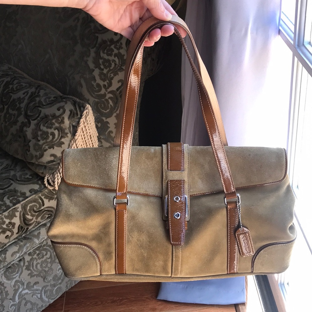 VTG Coach Hampton Bag 9271 Taupe Suede Patent Leather Buckle Flap Y2K Hang Tag
